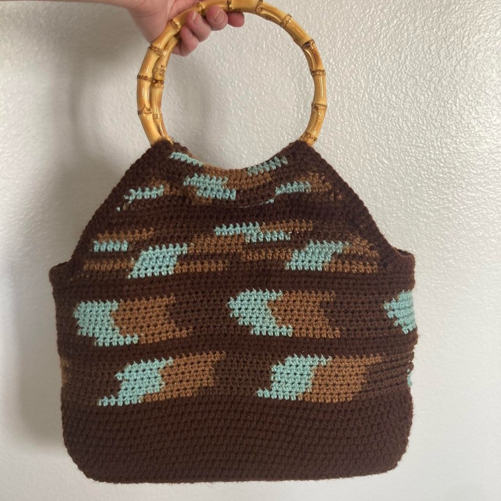 Brown Knit Granny Tote Yarn Bag Purse with 2 Wood Circle Bamboo Handles. Vintage